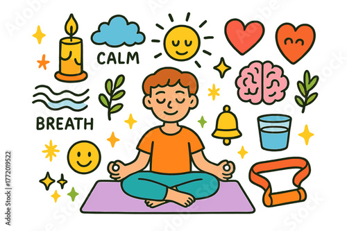 Mind-Body Fitness Symbols. Mind-body fitness. Colorful Hand-drawn doodle Children illustration Mind-body fitness lotus pose, yoga mat, candle, calm cloud,