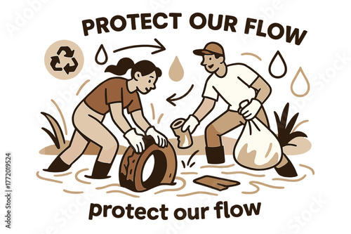 Riverside Cleanup Effort. River Ecosystem ? River Cleanup. Volunteers lift debris with gloved hands; floating icons of recycling and water drops circle around.