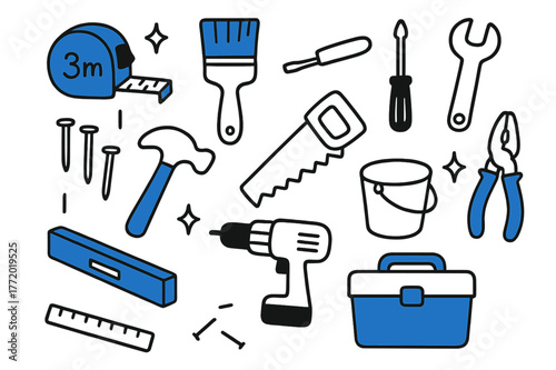 DIY Tools Illustration. // Home improvement tools. Hand-drawn doodle illustration Home improvement tools [tape measure (accented), paintbrush (accented),