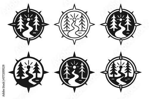 Symbolic Woodland Path Logos. symbolic path leading through the woods, filled with light. Set Logo of symbolic path leading through the woods, filled with