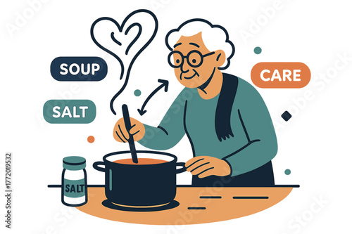 Elderly Cooking Love. Elderly ? Cooking for One. A senior stirs a pot on an orderly counter; labels ?salt?, ?soup?, ?care? hover neatly. Steam curls into