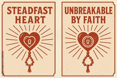 Steadfast Heart Banners. Unbreakable Heart. Two vertical A6 banners with safe margins, centered composition, no elements touching edges, retro, red and beige,