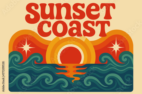 70s Sunset Coast. Sunset Coast ? 70s Poster; lettering: funky curved fonts; composition: wavy stacked; effects: warm gradients, concentric circles; background: