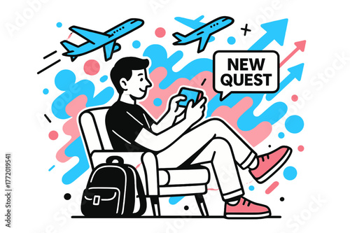 Gaming in Airport Lounge. Playing a mobile game on the go ? Airport lounge. Backpack at feet, player leans back in a comfy chair; planes and abstract arrows