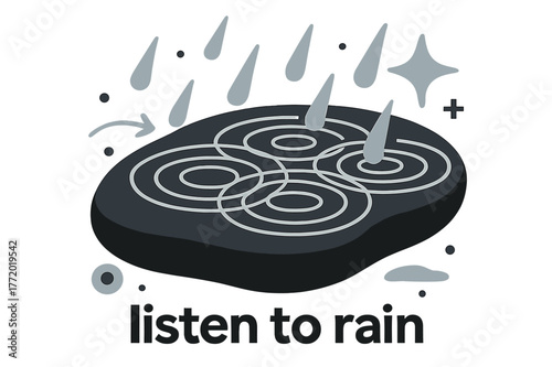 Rainfall Harmony. Pebble ? Rain Pattern. Ripples overlap across a flat stone surface; droplets fall in calm rhythm. Caption ?listen to rain?. Modern flat