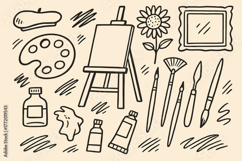 Art Supplies Iconography. Oil painting. Hand-drawn doodle illustration oil painting palette, brush set, easel, tube of paint, canvas, solvent bottle, rag,