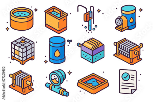 Industrial Wastewater Icon Set. Industrial wastewater control. Colorful isometric vector icons set of Industrial wastewater control: equalization tank,