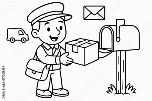 Mail Carrier Coloring Fun. Mailing and Shipping children?s coloring book illustration, outlined drawing, a friendly mail carrier delivering a taped parcel to a