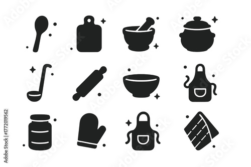 Rustic Kitchen Icons. Rustic Kitchen Tools. Solid icons set of Rustic Kitchen Tools: wooden spoon, cutting board, mortar and pestle, clay pot, ladle, rolling