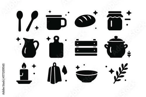 Farmhouse Kitchen Icons. Farmhouse Kitchen Decor. Solid icons set of Farmhouse Kitchen Decor: wooden spoon, enamel mug, bread loaf, jar, milk jug, cutting