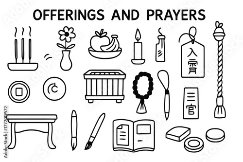 Spiritual Offerings Icons. Offerings and prayers. Hand-drawn doodle illustration Offerings and prayers incense sticks, flower vase, fruit offerings, candle,