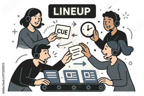 Dynamic Newsroom Collaboration. Newsroom teamwork. Producers trade cue cards and clock icons as stories flow along a conveyor; ?Lineup? lights up above.