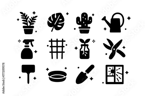 Window Plant Icons. Window Light and Plants. Solid icons set of Window Light and Plants: potted fern, monstera leaf, cactus, watering can, mister spray,