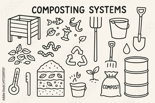 Composting Essentials. Composting systems. Hand-drawn doodle illustration Composting systems compost bin, food scraps, leaves, pitchfork, worms, bucket,