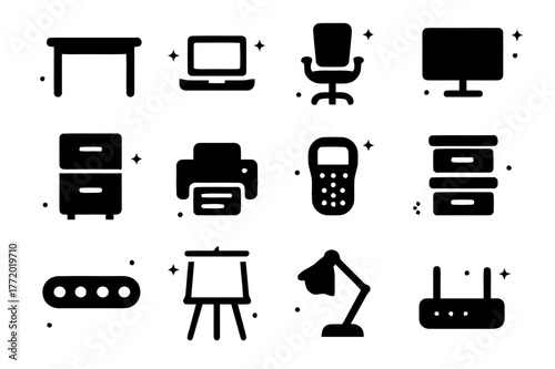 Home Office Essentials. Home-based business setups and organization. Solid icons set of Home-based business setups and organization: desk, laptop, ergonomic