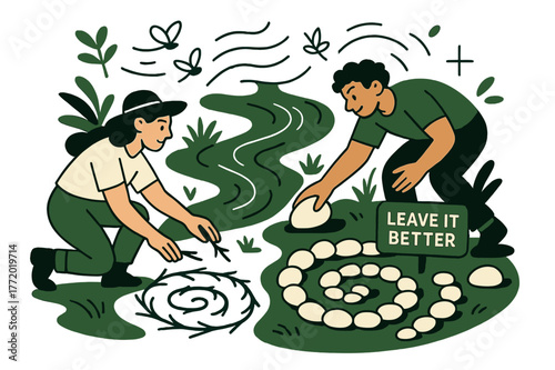 Eco Art Flow. Eco art & land works. Artists arrange stones and branches into gentle spirals beside a creek; ?Leave it better? glows on a tiny sign. Wind lines