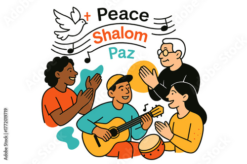 Cultural Harmony Celebration. Cultural Exchange & Music. A circle of people clap and sing with guitar and hand drum; lyric lines read ?Peace, Peace? in shared