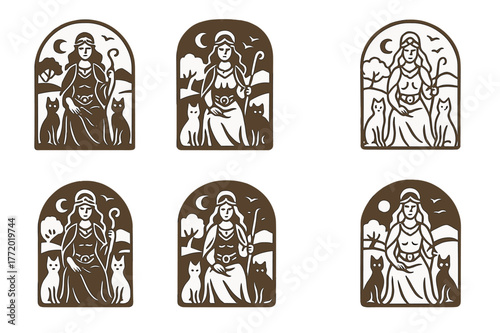 Mystical Deity Icons. Ancient gods and goddesses in a mystical landscape. Set Logo of Ancient gods and goddesses in a mystical landscape: Freyja cats. Icon