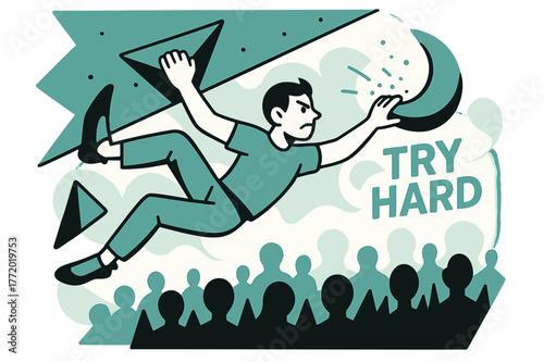 Dynamic Bouldering Challenge. Bouldering Overhang Problem. Heels hook, core tight, the climber swings to a crescent-shaped pinch; ?TRY HARD? floats beside