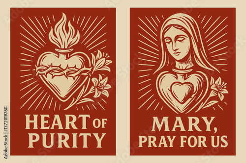 Radiant Heart Banners. Immaculate Heart. Two vertical A6 banners with safe margins, centered composition, no elements touching edges, bold, red and beige,