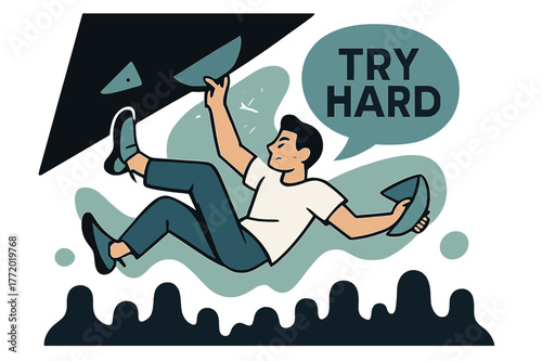 Climber's Dynamic Ascent. Bouldering Overhang Problem. Heels hook, core tight, the climber swings to a crescent-shaped pinch; ?TRY HARD? floats beside chalk