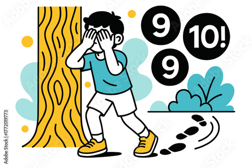 Counting Hide and Seek. Counting at the Tree. Hands cover eyes against a bark pattern while numbers ???!? hover in bold circles. Footprints peel away toward