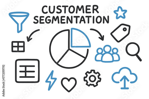Customer Segmentation Doodle. // Customer segmentation. Hand-drawn doodle illustration Customer segmentation [pie chart (accented), group of users (accented),
