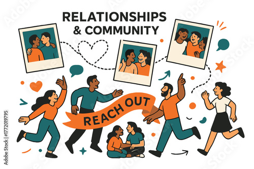 Community Connections. Vision Board ? Relationships & Community. Polaroids show shared moments; dotted heart lines connect photos in a loop. Caption ?Reach