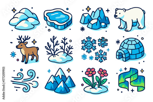 Colorful Frozen Wilderness Icons. Frozen wilderness. Colorful isometric vector icons set of frozen wilderness: snow-covered hills, frozen lake, icy rocks,