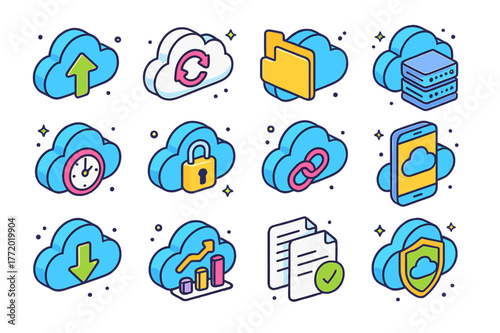 Colorful Cloud Icons. Cloud storage systems. Colorful isometric vector icons set of Cloud storage systems: cloud upload arrow, sync icon, data folder, server