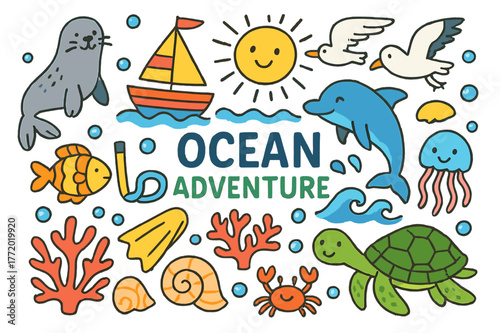 Ocean Adventure Doodles. Ocean Adventure. Colorful Hand-drawn doodle Children illustration Ocean Adventure seal, boat, fish, dolphin, wave, coral, shell,