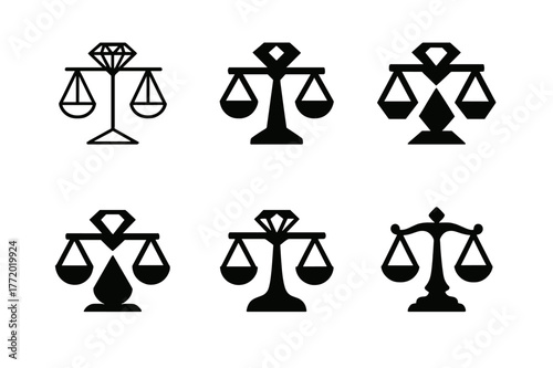 Ethical Jewelry Logos. Ethical jewelry design. Set Logo of Ethical jewelry design: gemstone in balanced scales. harmonious logo variations of the