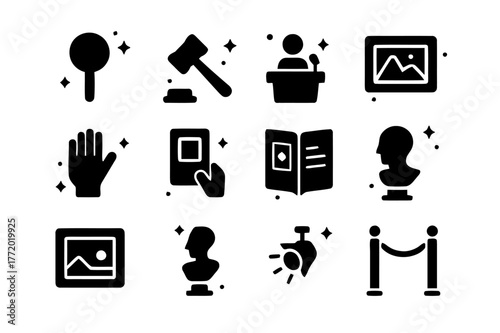 Art Auction Icons. Attending an art auction. Solid icons set of Attending an art auction: auction paddle, gavel, auctioneer podium, bidding hand, lot card,