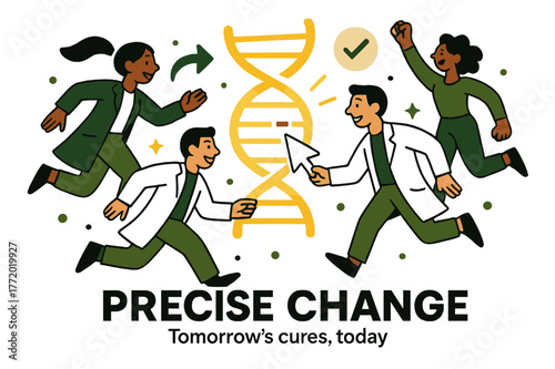 CRISPR Precision Editing. CRISPR & gene editing. A glowing DNA strand clicks into place as a gentle cursor icon selects a corrected segment; caption ?precise