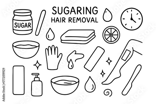 Sugaring Hair Removal Doodles. Sugaring hair removal. Hand-drawn doodle illustration Sugaring hair removal sugar jar, wooden stick, droplet, lemon slice, bowl,