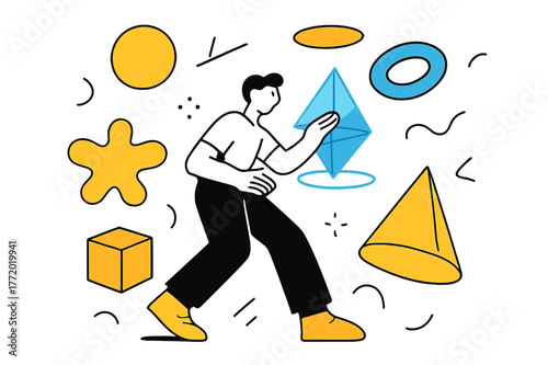 Futuristic Holographic Interaction. 3D Design Elements. Person interacting with 3D holographic shapes and floating abstract geometric elements, futuristic and