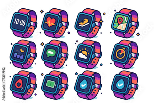 Smartwatch Feature Icons. Smartwatch features. Colorful isometric vector icons set of Smartwatch features: digital watch face, heart rate graph, step counter,