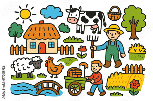 Colorful Village Life. Village Life. Colorful Hand-drawn doodle Children illustration Village Life cottage, tree, cow, chicken, sun, cloud, river, bridge,