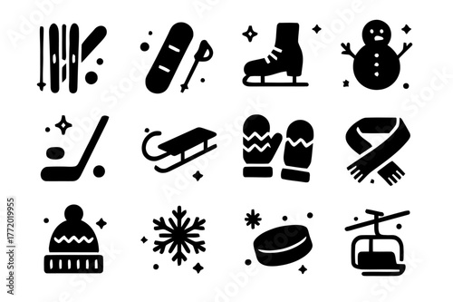 Winter Sports Icons. winter sports. Solid icons set of winter sports: ski, snowboard, ice skate, snowman, hockey stick, sled, mittens, scarf, warm hat,