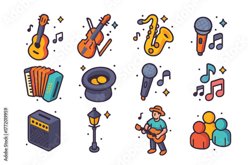 Street Performers Icons. Street performer. Colorful isometric vector icons set of street performer: guitar, violin, saxophone, drum, accordion, hat for tips,