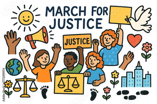 Colorful Justice March. March for justice. Colorful Hand-drawn doodle Children illustration March for justice protest signs, raised hands, megaphone, peace