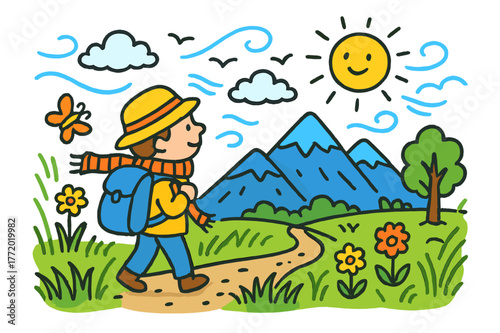 Mountain Adventure Doodle. mountain view. Colorful Hand-drawn doodle Children illustration mountain view person, tall grass, wind, distant mountain, clouds,