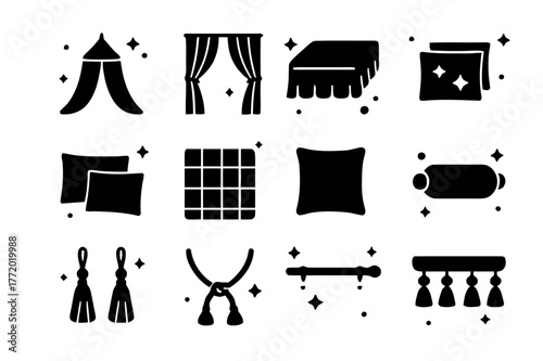 Black Bed Textiles Icons. Textiles and canopies for beds. Solid icons set of Textiles and canopies for beds: canopy net, sheer drapes, bed skirt, duvet cover,