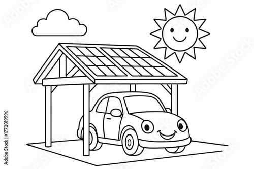 Solar Carport Coloring Fun. Solar carport children?s coloring book illustration, outlined drawing, a cheerful car parked under a solar roof while the sun