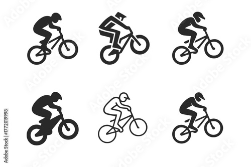 Dynamic BMX Logos. BMX riding. Set Logo of BMX riding: biker performing jump trick. harmonious logo variations of the same emblematic concept, each with
