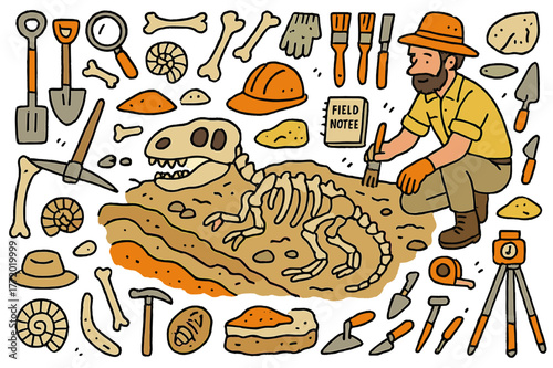 Paleontology Excavation Doodle. Unearthed fossils. Hand-drawn doodle illustration paleontologist (colored), dinosaur skeleton (colored), fossils (colored),