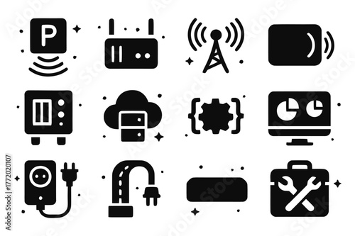 IoT Parking Icons. IoT parking infrastructure. Solid icons set of IoT parking infrastructure: ultrasonic sensor, LoRa gateway, NB-IoT antenna, RFID tag, edge