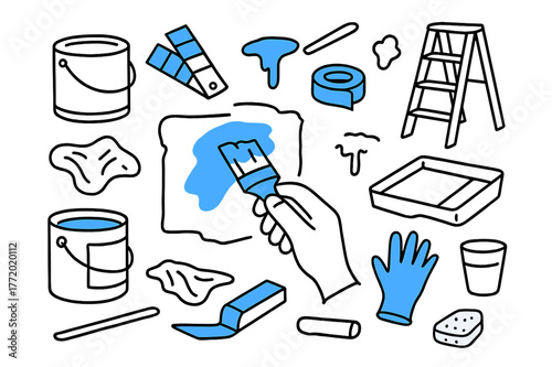 Painting Tools Doodle. Touching up paint with a brush. Hand-drawn doodle illustration touching up paint with a brush [paintbrush (accented), wall patch