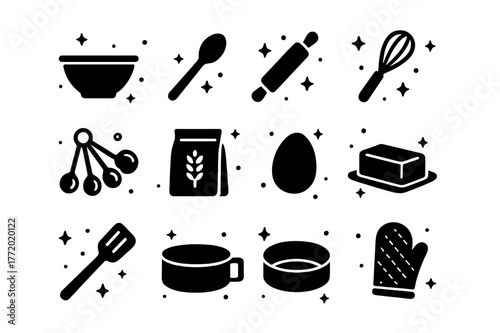 Baking Tools Icons. Baking Essentials. Solid icons set of Baking Essentials: mixing bowl, wooden spoon, rolling pin, whisk, measuring spoons, flour bag, egg,