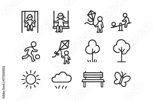 Playful Park Icons. Children playing on swings in a sunny park. Line icon set of kids at play: child, swing, slide, seesaw, ball, kite, tree, sun, cloud, park